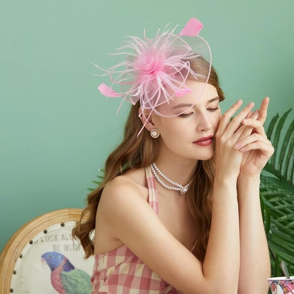 Fascinators for Women Feather Mesh Veil Bridal Wedding Tea Cocktail Hat - Picture 2 of 7